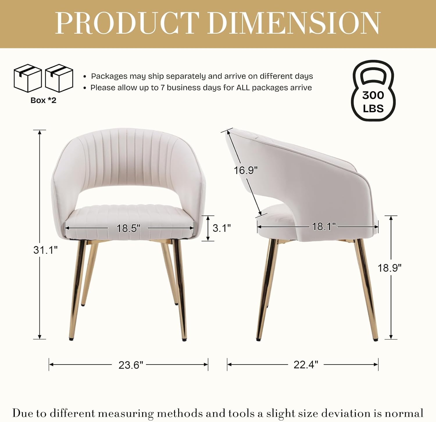 Modern Dining Chairs Set of 4, Upholstered PU Leather Dining Room Chairs with Gold Metal Legs, Accent Kitchen Chairs with Curved Backrest for Living Room, Cream