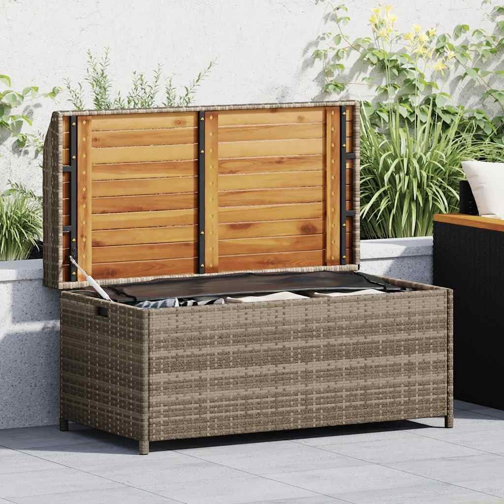 Poly Rattan Outdoor Storage Bench with Gas Spring Lid, Water-Resistant Acacia Wood Seat, Ample Space for Cushions and Tools, Grey and Brown