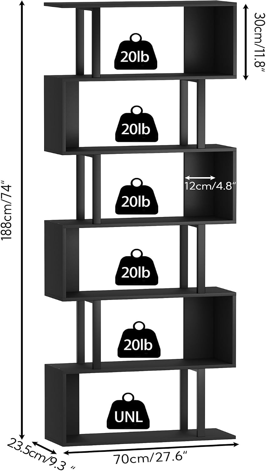 Yusong Geometric Bookcase, S Shaped Bookshelf 6-Tier Book Shelves for Bedroom, Modern Wood Decorative Display Shelf Tall Book Case for Home Office, Black and White