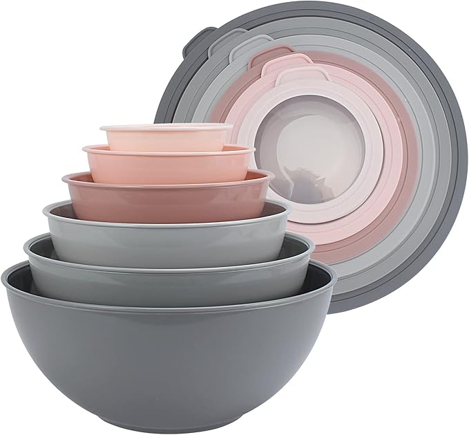 COOK WITH COLOR Mixing Bowls with TPR Lids - 12 Piece Plastic Nesting Bowls Set includes 6 Prep Bowls and 6 Lids, Microwave Safe Mixing Bowl Set (Pink Ombre)
