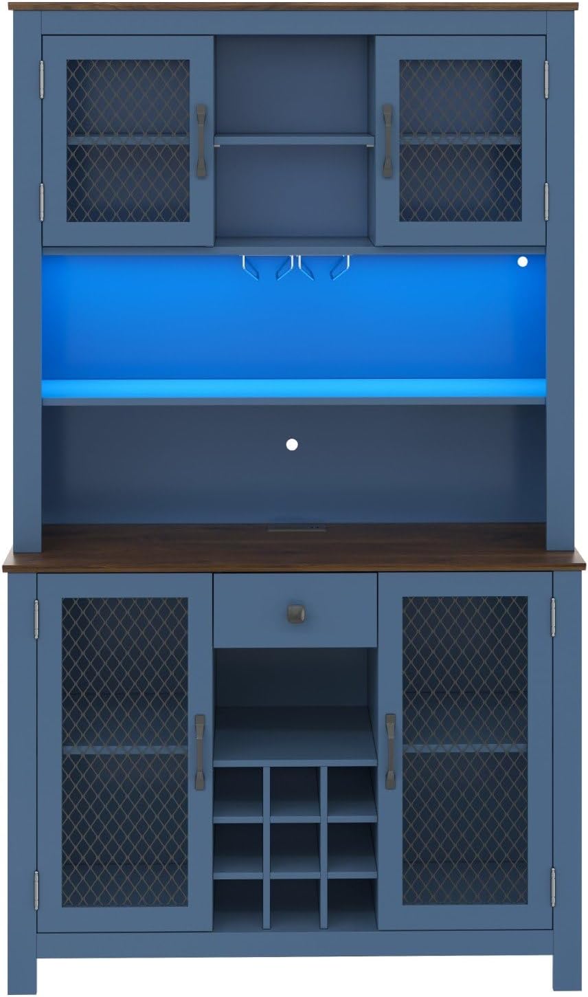70.9" Kitchen Pantry Cabinet with LED Lights, Rustic Farmhouse Buffet Hutch with Wine Rack, Storage Cabinet with USB Charging Station, Coffee Bar Cabinet for Dining Room