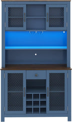 70.9" Kitchen Pantry Cabinet with LED Lights, Rustic Farmhouse Buffet Hutch with Wine Rack, Storage Cabinet with USB Charging Station, Coffee Bar Cabinet for Dining Room