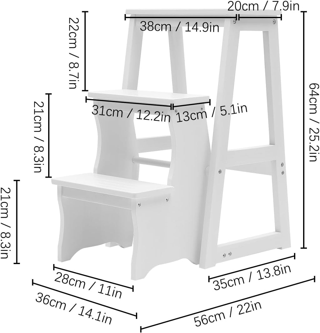 Solid Wood Folding Library Ladder Chair, Lightweight Portable Multifunctional Step Stool, 3-Step Stool Stepladders, Display Stand and Flower Stand for Kitchens, Garages (White)
