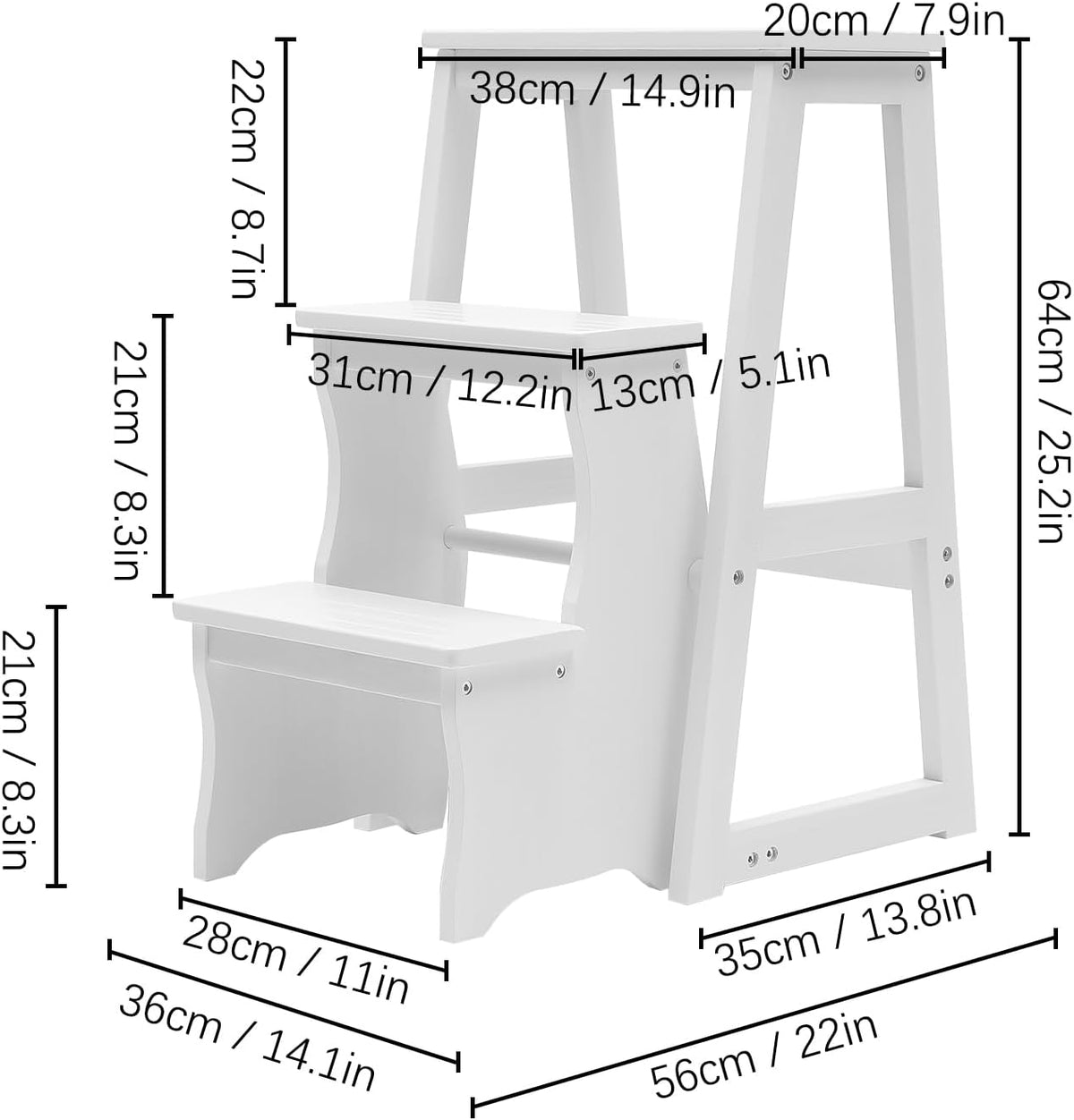 3 Tier Folding Step Stool,Wood Ladder,Folding Library Ladder Chair,Portable Multifunctional Step Stool for Home, Office,Library (White)