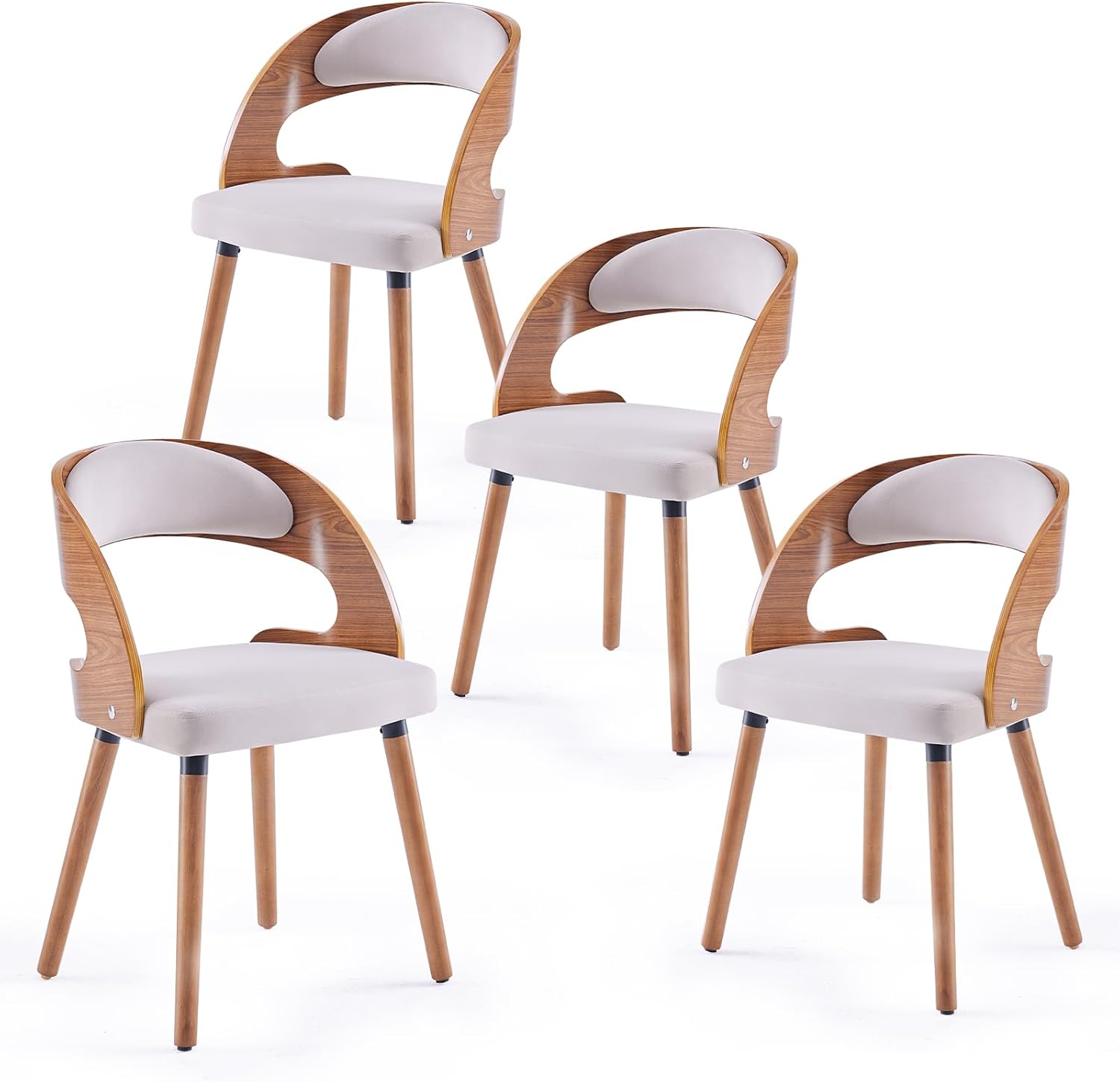 Farini Wood Dining Chairs, Set of 4 Modern Upholstered Dining Chairs with Curved Backrest for Kitchen, Dining Room, Living Room, Light Grey