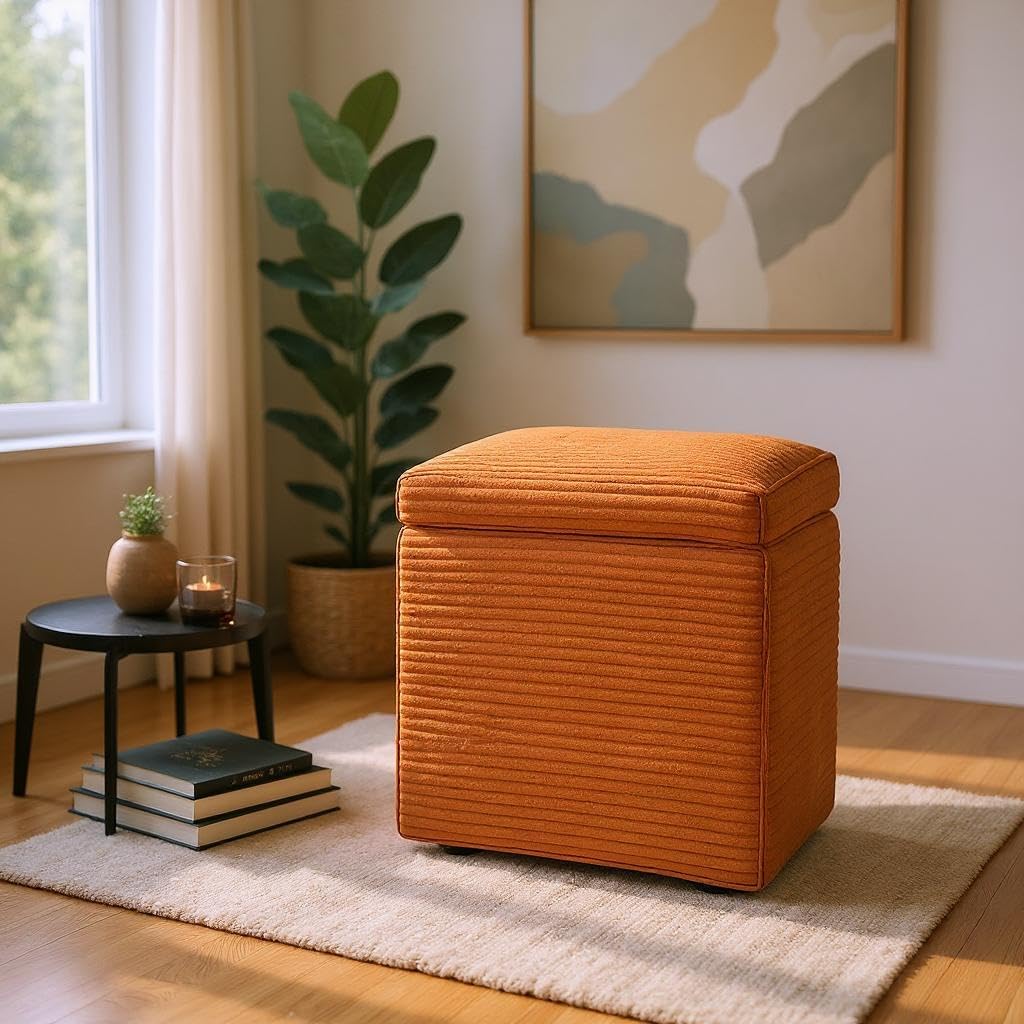 Orange Corduroy Storage Ottoman with Rubber Feet – Compact Soft Cube Seat, 42×42×44cm