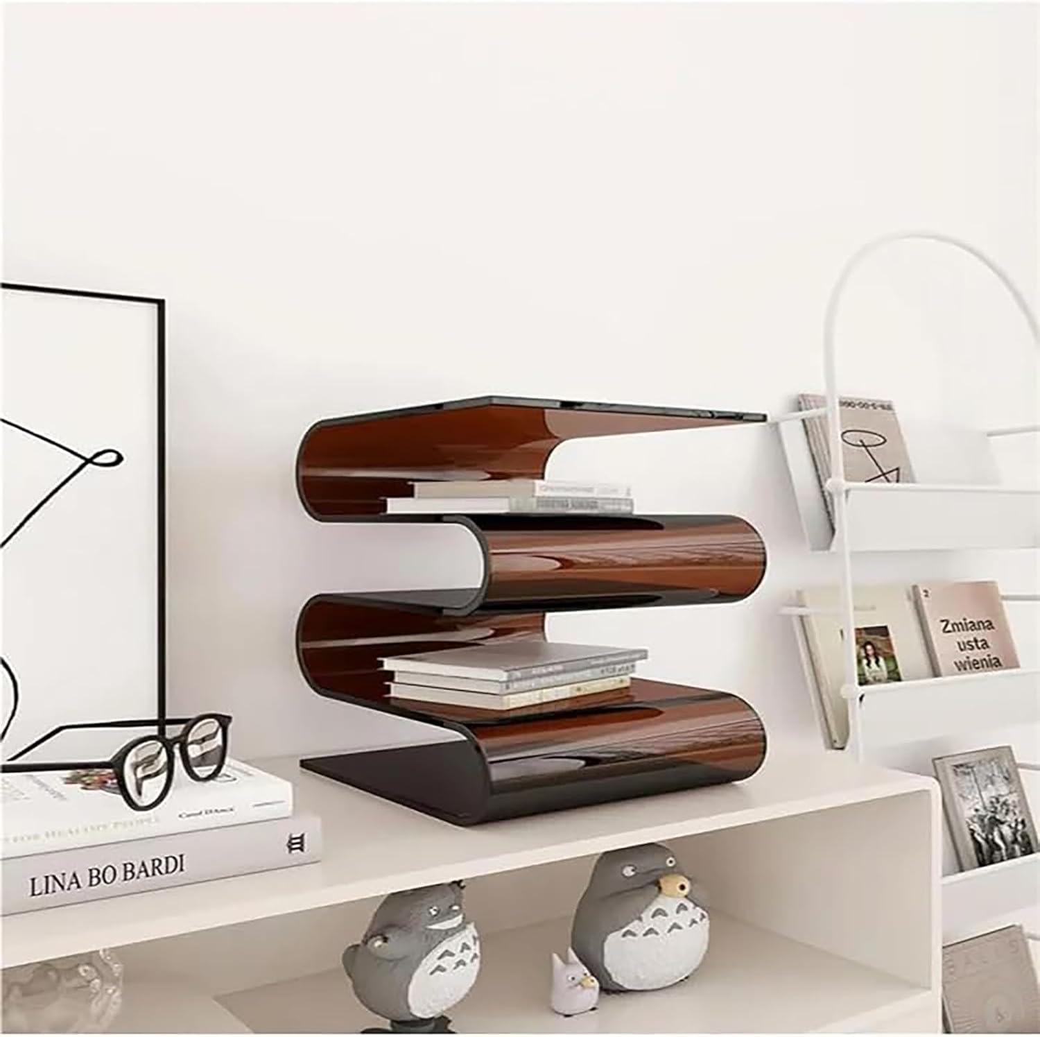 S-Shaped Acrylic End Table, 3 Tier Magazine Holder, Multipurpose Acrylic Side Table & Nightstand for Bedroom Living Room, Modern Furniture Organizer (Brown)
