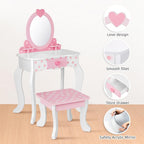 OOOK Kids Vanity Set with 15pcs Make-up Accessories, Pink Heart-Themed | FSC Safety, Toddler Vanity Table and Chair Set with Mirror and Drawer, Suitable for Girls Aged 3+