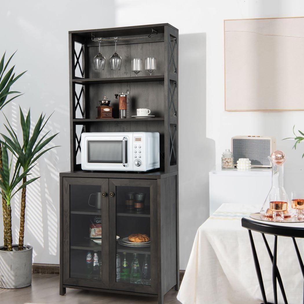 TANGZON Tall Kitchen Cupboard, Wooden Storage Sideboard with Adjustable Shelf, Glass Holder, Tempered Glass Door & Anti-toppling Device, Freestanding Pantry Cabinet Organiser for Dining Living Room