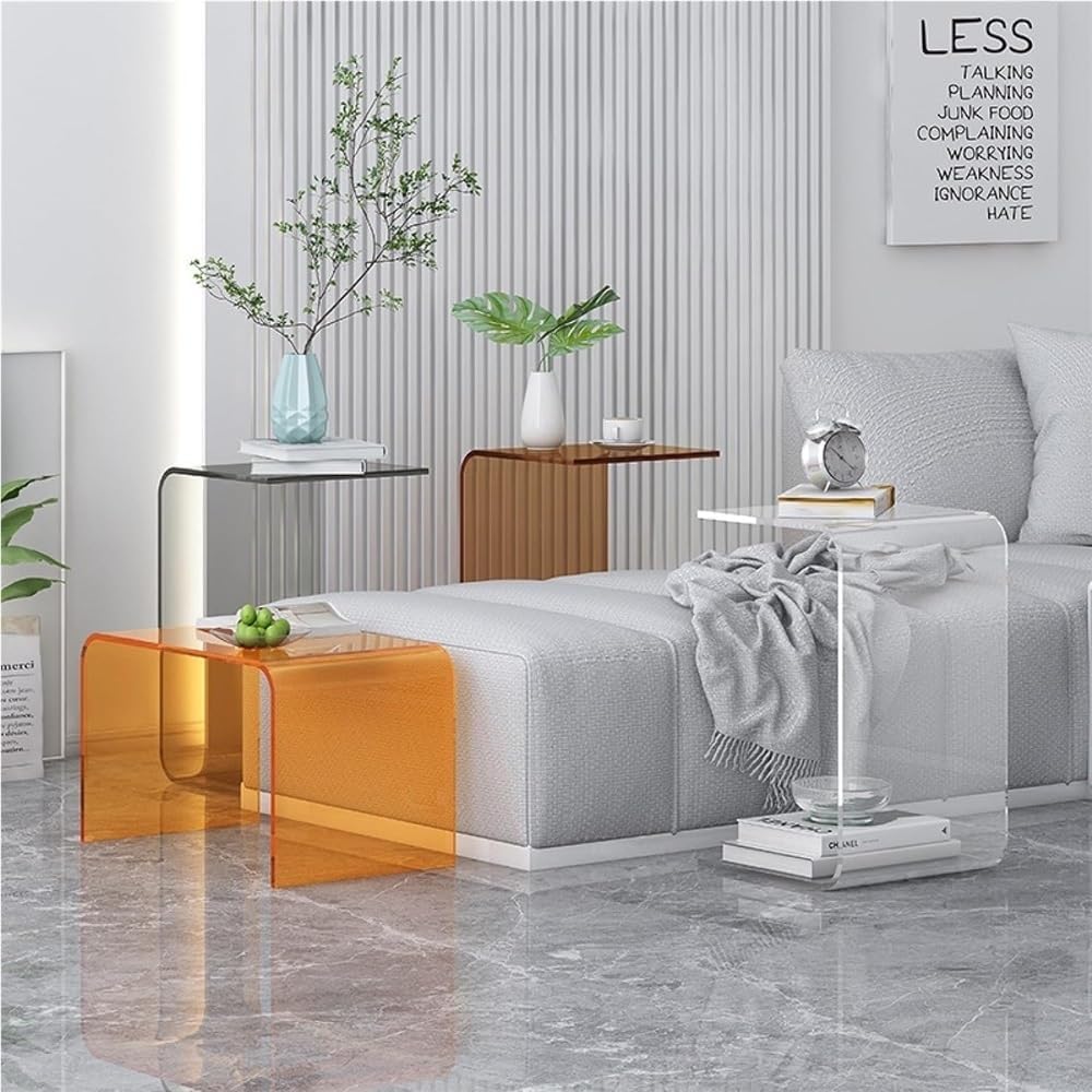 Acrylic Clear Side Table, C-Shape Bedside Table, Modern End Table, Sofa End Table, Small Snack C Tables for Living Room, Bedroom, Balcony, Patio, Office(Orange,65cm/25.6in)