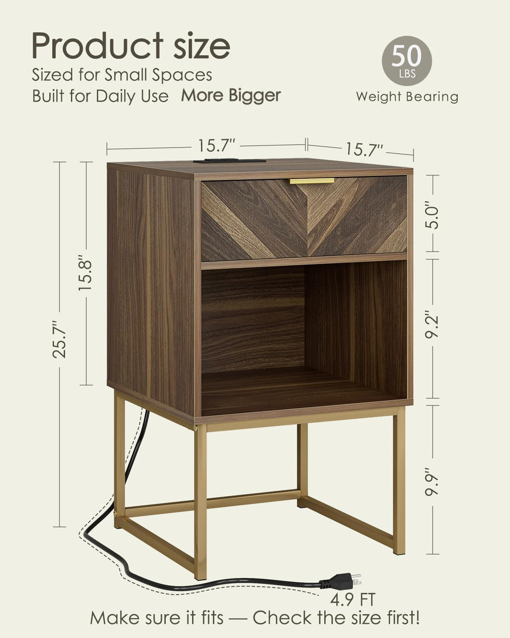 Nightstand with Charging Station,Modern Night Stand Boho Farmhouse Wood Bedside Table with Storage Drawer and Open Shelf,Side End Table for Bedroom,Living Room,Walnut