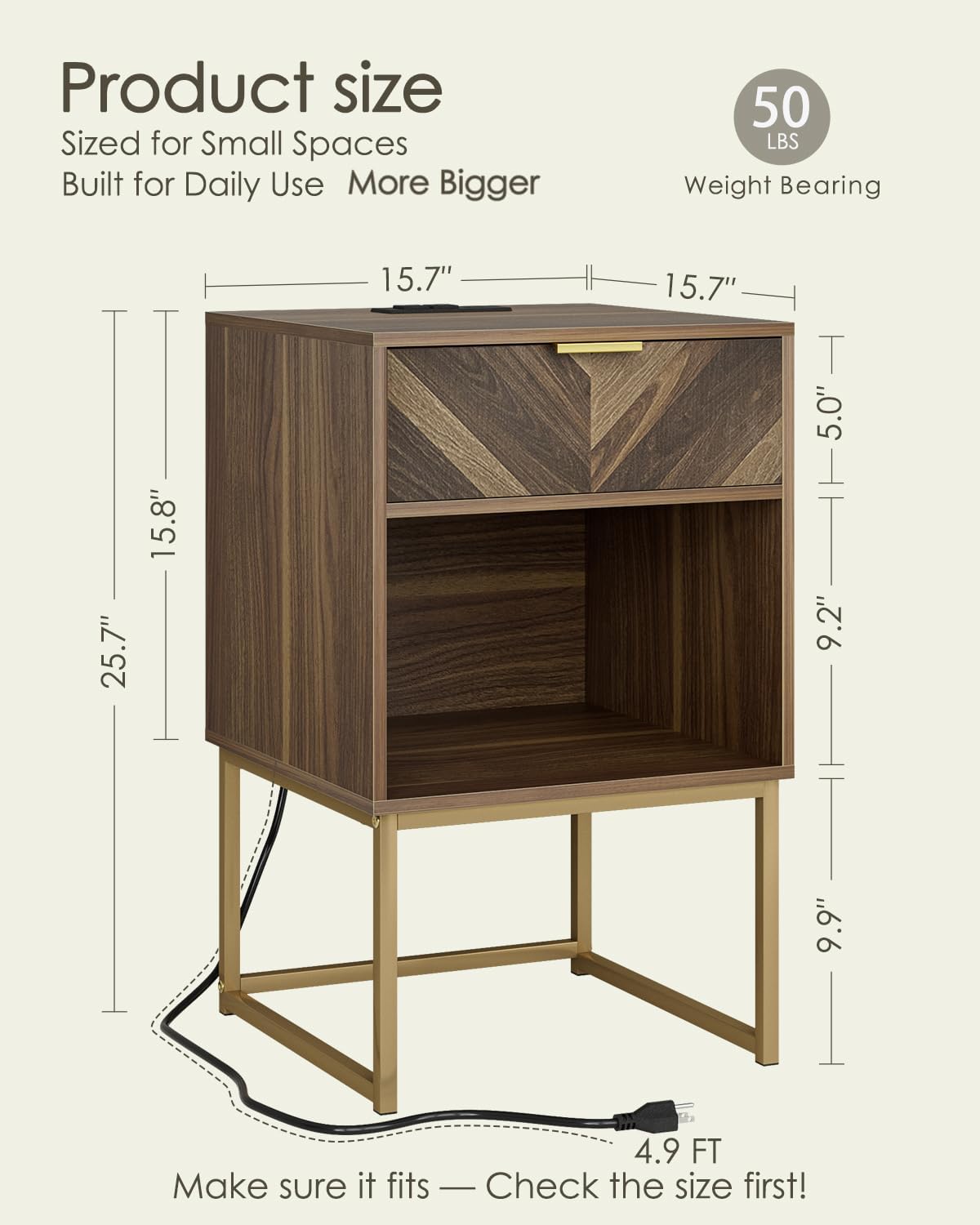 Nightstand with Charging Station,Modern Night Stand Boho Farmhouse Wood Bedside Table with Storage Drawer and Open Shelf,Side End Table for Bedroom,Living Room,Walnut