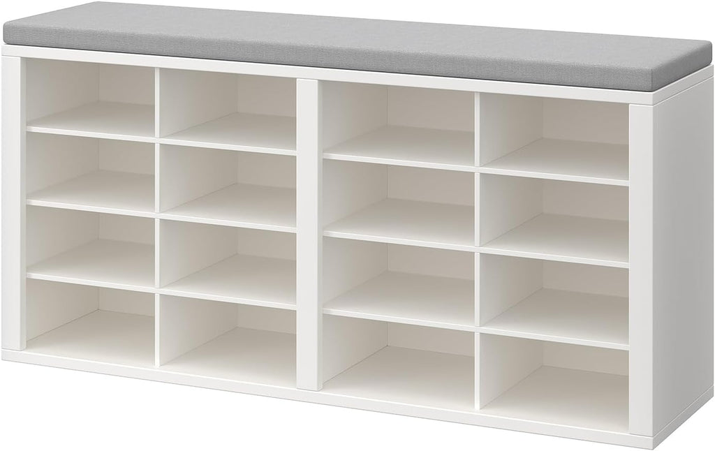 Shoe Storage Bench with Cushion Shoe Rack for Entryway 16 Cubby Multifunctional Organizer Bench Entryway with Soft Sponge Cushion for Hallway Living Room Bedroom (White & Light Gray)