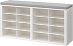 Shoe Storage Bench with Cushion Shoe Rack for Entryway 16 Cubby Multifunctional Organizer Bench Entryway with Soft Sponge Cushion for Hallway Living Room Bedroom (White & Light Gray)