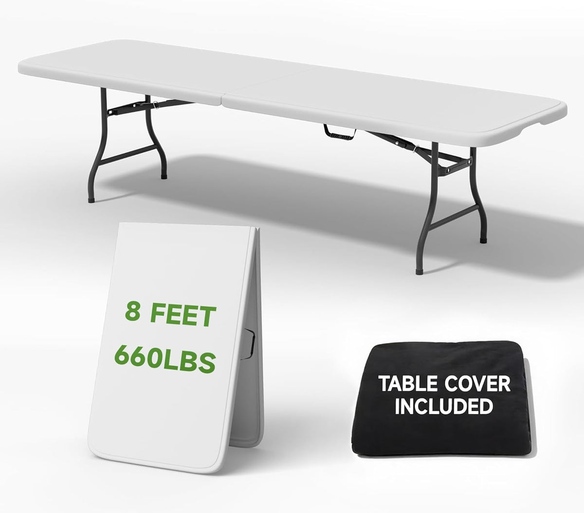 8 Foot Folding Table with Black Cloth - Heavy Duty 660LBS Capacity, Foldable Design with Safety Lock - Portable Folding Tables for Camping, Party, Indoor & Outdoor Use, 1 Pack