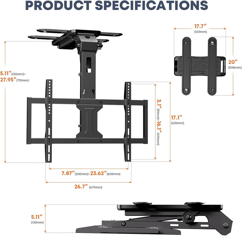 Motorized Ceiling TV Mount Flip Down with Remote for 37-75‘’ TVs, Black | Space Saving and Adjustabe, Fits Flat and Pitched Roof, Electric Drop Down TV Mount, Max VESA 600x400 mm, Max holds 99lbs