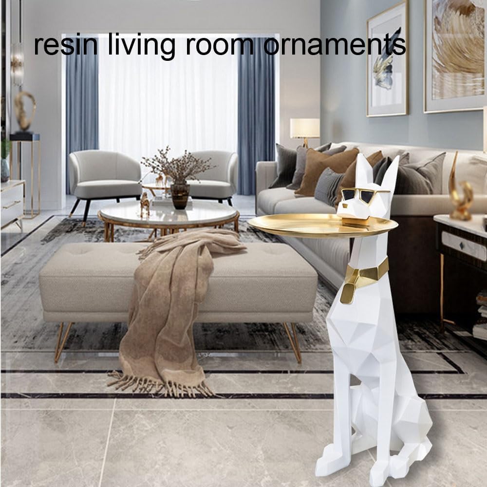 Modern Resin Doberman Sculpture Side Table with Metal Serving Tray, Corner Table with Storage, Decorative Dog End Table for Living Room, Office, Home Decor(Black)