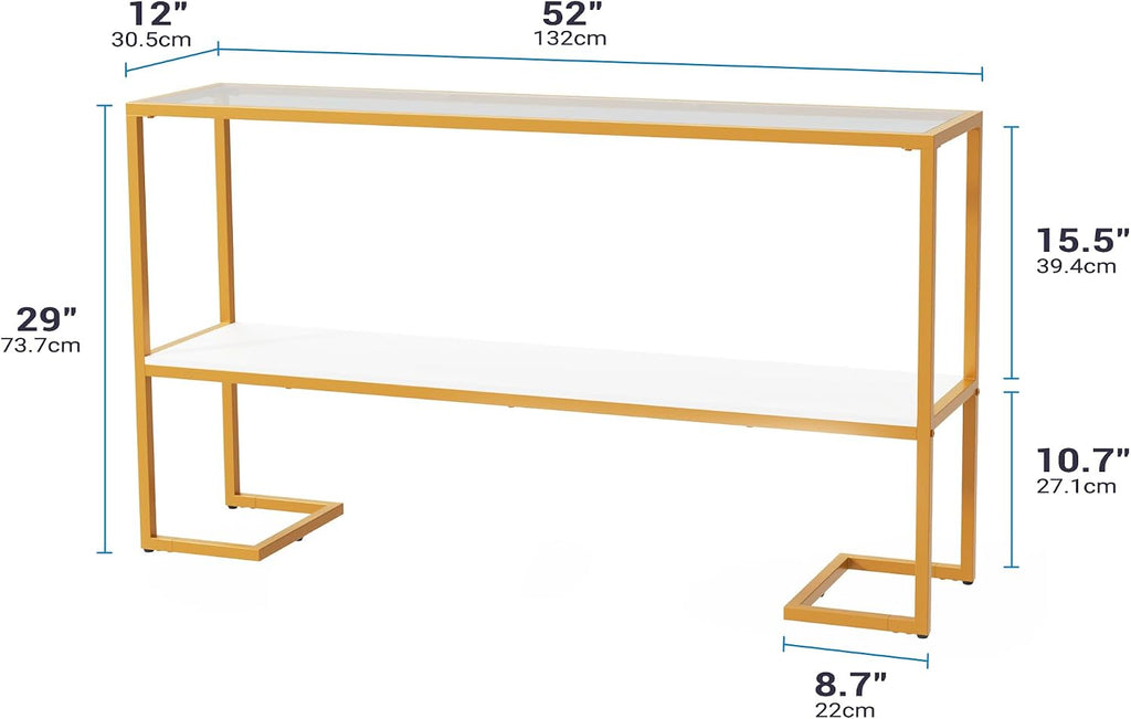 Furnify Console Sofa Table, 52" Modern Entryway Table, 2-Tier Open Shelf with Tempered Glass, Gold Metal Frame Behind Couch Table for Living Room Bedroom Hallway Entrance, White