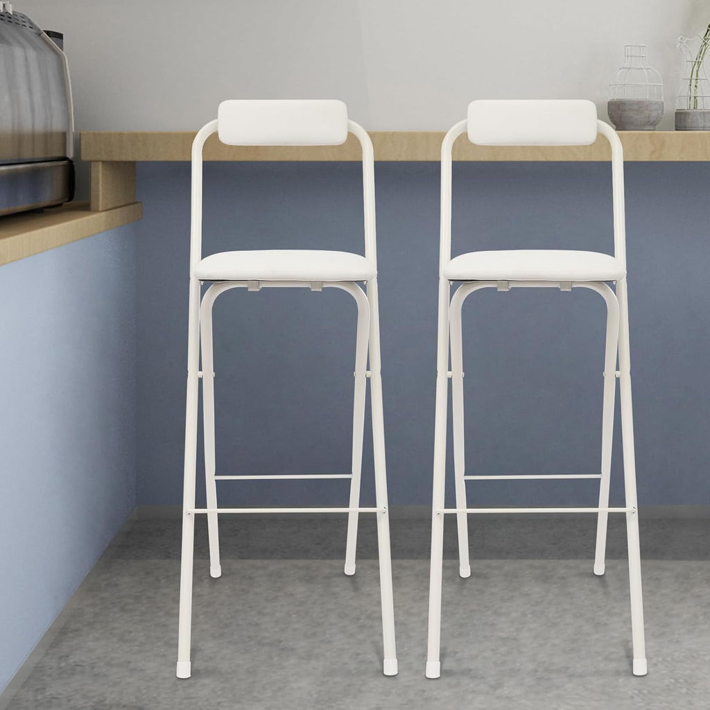 2PCS 29.53'' H Folding Bar Stool with Backrest, White Tall Folding Chair, 275LBS Load Capacity, Portable Collapsible Stool Kitchen Island, Bar, Cafe, Dining Room