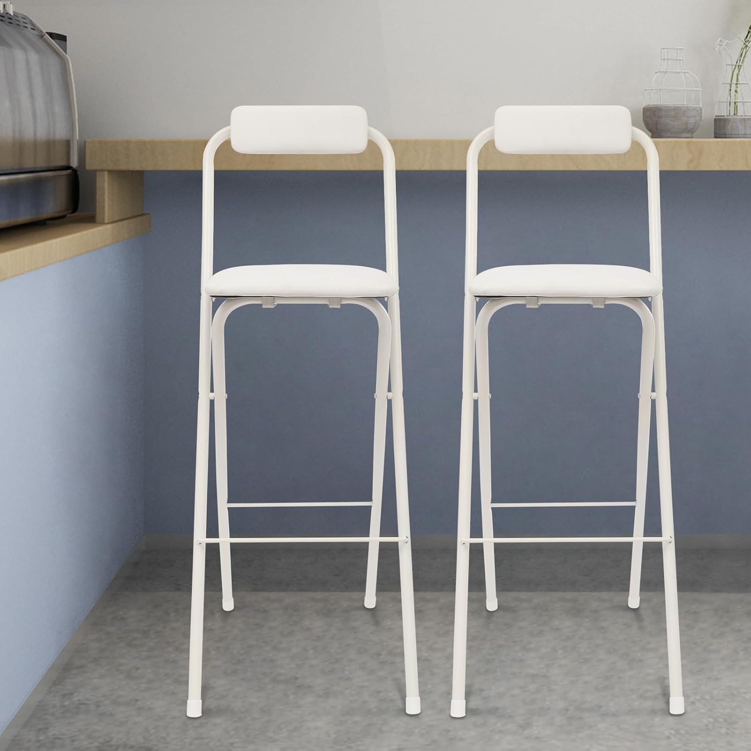 2PCS 29.53'' H Folding Bar Stool with Backrest, White Tall Folding Chair, 275LBS Load Capacity, Portable Collapsible Stool Kitchen Island, Bar, Cafe, Dining Room