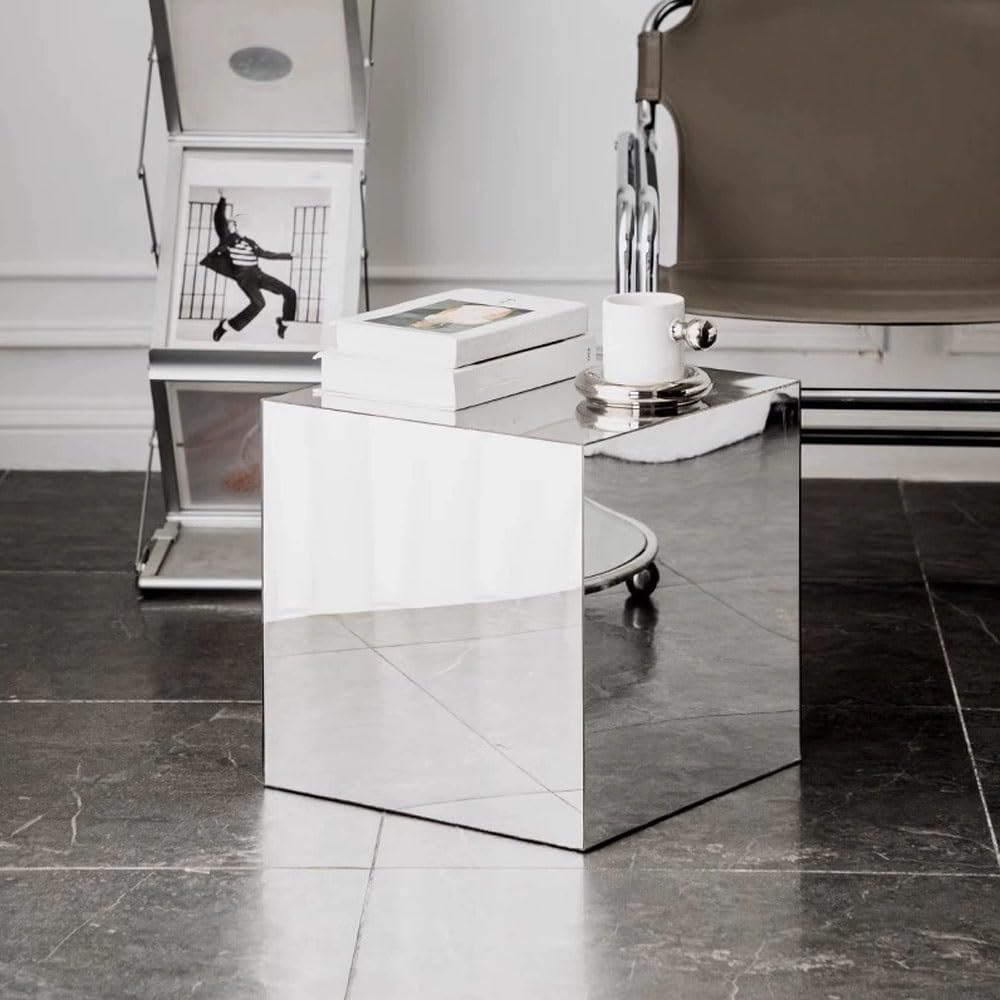 Modern End Table, Mirrored Acrylic Side Table, Cube Coffee Table, Product Photography Props, Simple Bedside Table, Small Accent Table for Living Room, Bedroom(Silver,30cm-11.8in)