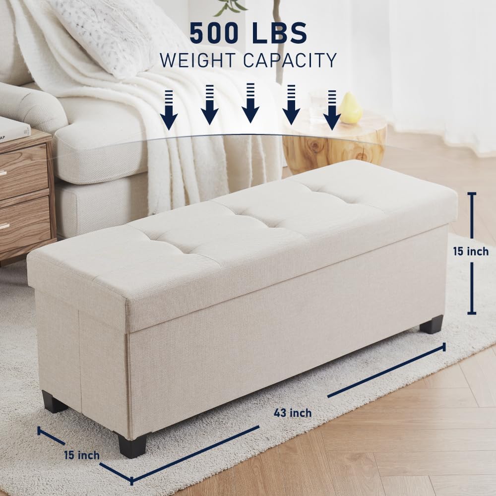 Ornavo Home 43" Large Storage Ottoman Bench with Legs, Beige | Foot Rest Stool; Ottoman with Hidden Storage; Ideal for Bedroom, Living Room, Entryway or Home Office