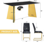 TesNus 7 Pieces Dining Table Set,63" Marble Kitchen Room Table with 6 Black Chairs,Rectangle Sintered Stone Top with Gold Legs,Large Dining Set for 6 Person for Kitchen Dining Room