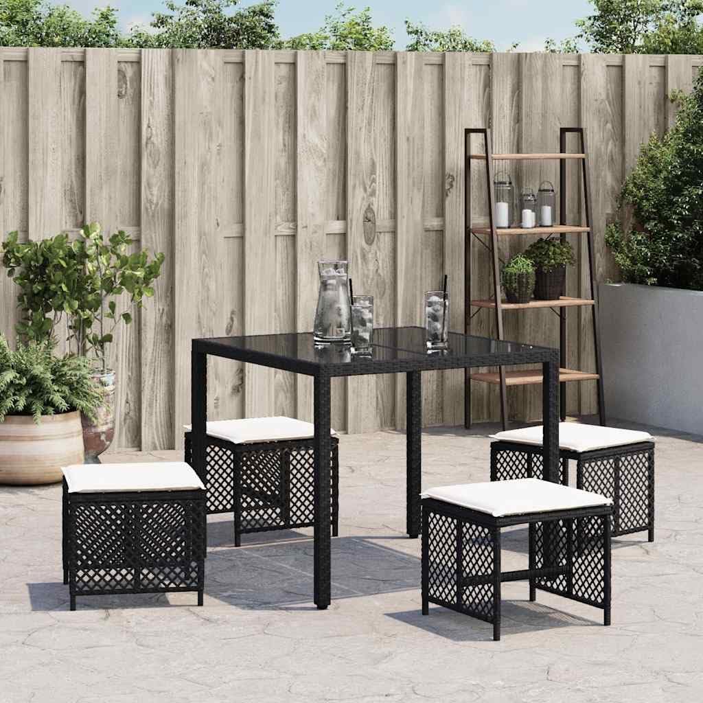 4-Piece Garden Stool Set in Black with Poly Rattan and Powder-Coated Steel, Square Outdoor Seats with Removable Washable Cushion Covers, 14.2-Inch Height for Patio Balcony