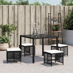 4-Piece Garden Stool Set in Black with Poly Rattan and Powder-Coated Steel, Square Outdoor Seats with Removable Washable Cushion Covers, 14.2-Inch Height for Patio Balcony