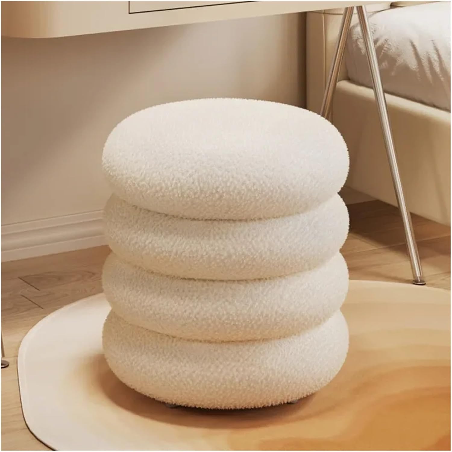 Soft Lamb Wool Ottoman Cream Vanity Stool for Girls' Makeup Bedroom Chair with Minimalist Design Round Pouf Ottoman,35x40cm Pink-One Size