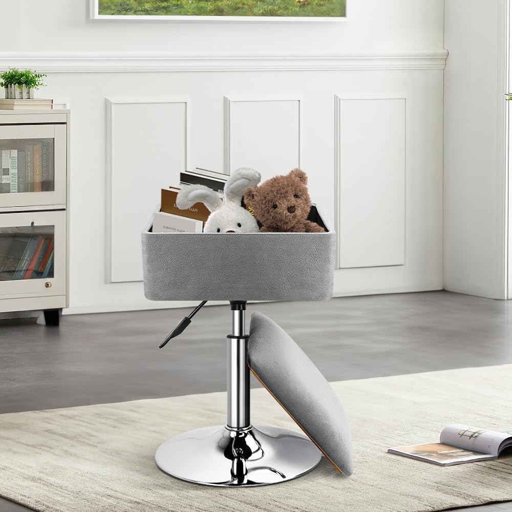 WKWKER Adjustable Vanity Stool with Storage Velvet 360° Swivel Makeup Stool Small Ottoman Chair Metal Base for Vanity Bedroom Living Room Lab Salon Studio Counter Desk (Gray)