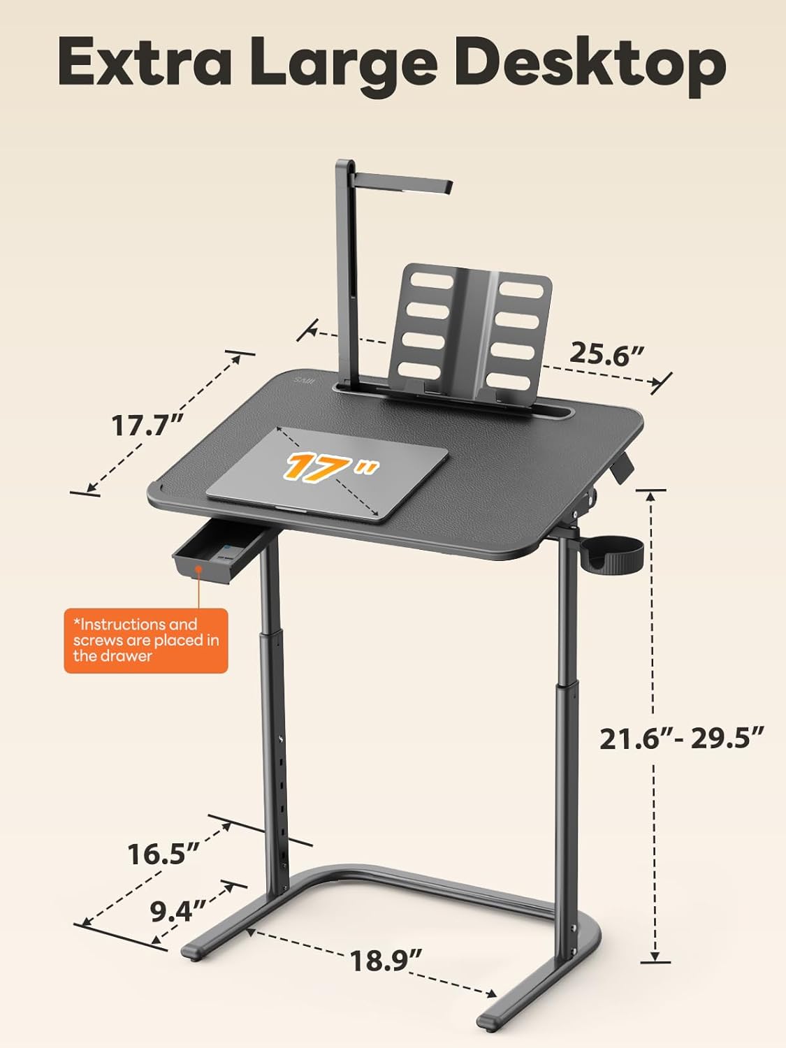 SAIJI XXL Extra Large Sturdy TV Tray Table, Laptop Desk for Couch | Height & Tilt Adjustable Heavy Duty TV Trays for Eating, Working, Writing,Drawing, Recliner Table Couch Desk with LED Light