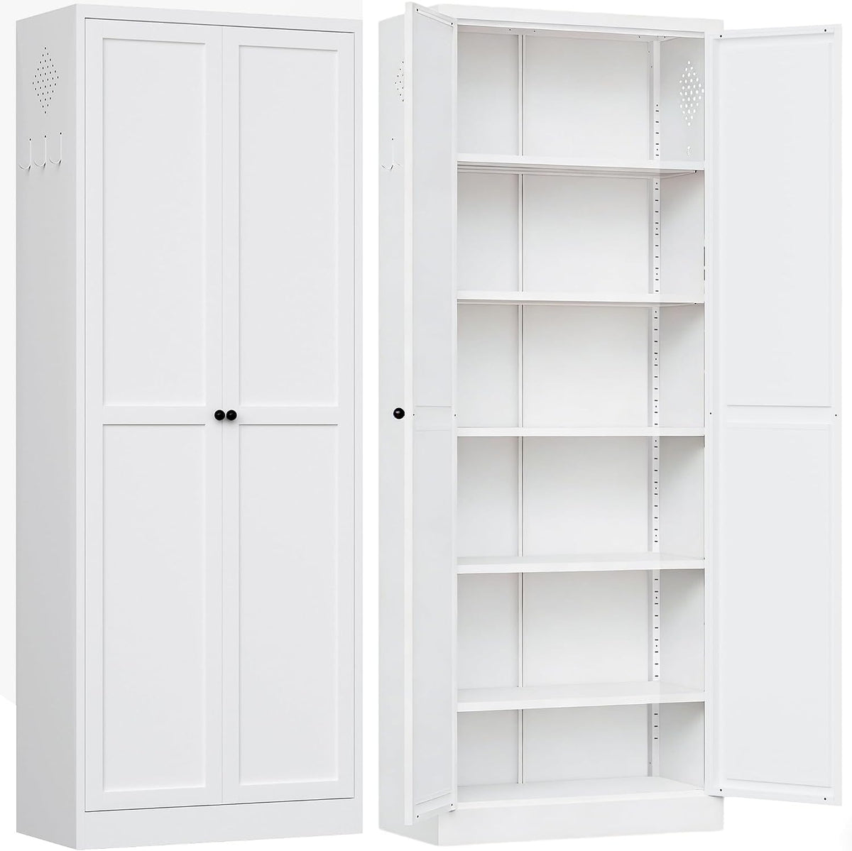 AQY Metal Pantry Cabinet with Doors & Shelves, 61” Tall White Kitchen Storage Cabinet, Freestanding Pantry Organizer for Kitchen, Living Room, Garage, Adjustable Shelves, Heavy-Duty Steel Storage Cabi