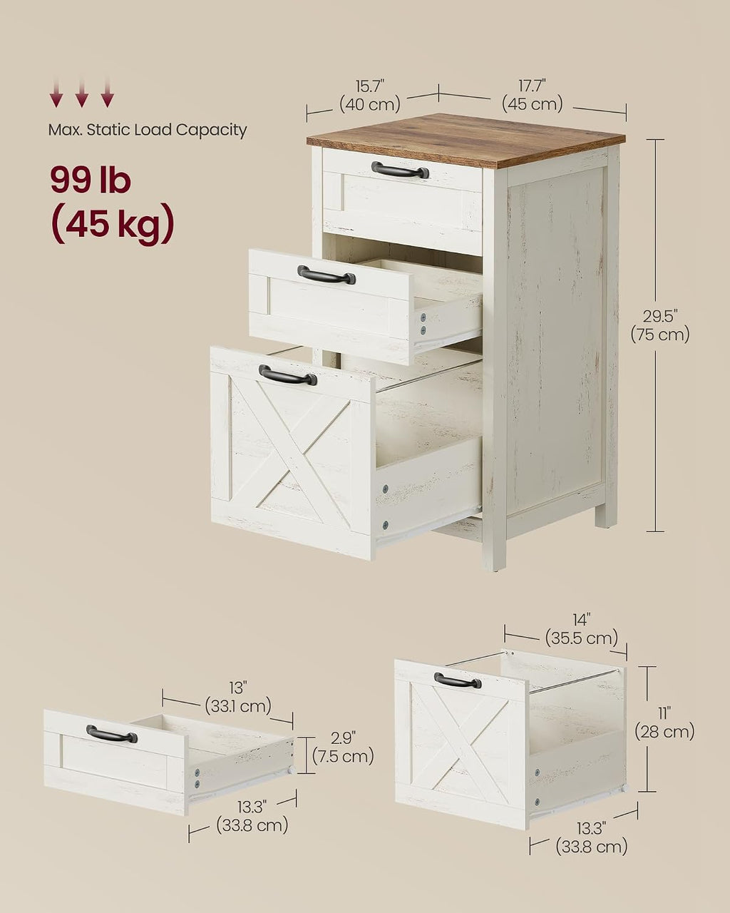 VASAGLE File Cabinet, 3-Drawer Filing Cabinet for Home Office | Modern Farmhouse, for A4 Letter Files, Printer Stand, Study Bedroom, Rustic White and Honey Brown UOFC087WJ02S