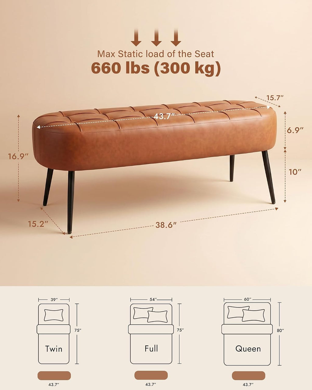Entryway Bench, Modern PU Leather Upholstered End of Bed Bench Brown