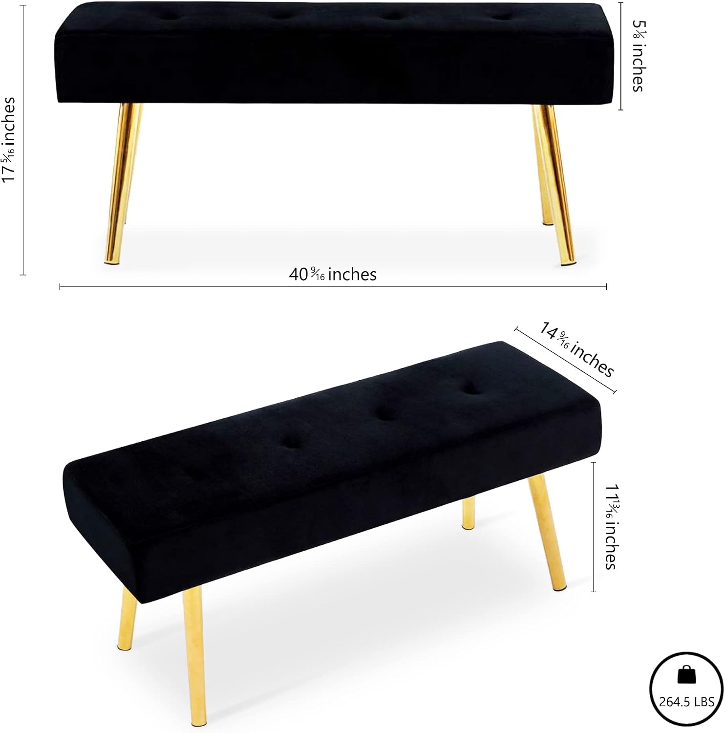 Homedot Black Velvet Ottoman Bench Simple Design Soft Velvet Dining Room Bench Tufted for Kitchen, Upholstered Entryway Bench with Sturdy Metal Legs for Home