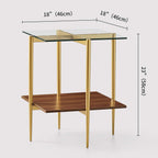 LumFurn Glass End Table, Mid-Century Modern Design Sofa Table, for Living Room, 2-Tier Structure, Clear Glass Top and Walnut MDF Shelf, Sleek Conical Metal Legs with Gold Finish Frame