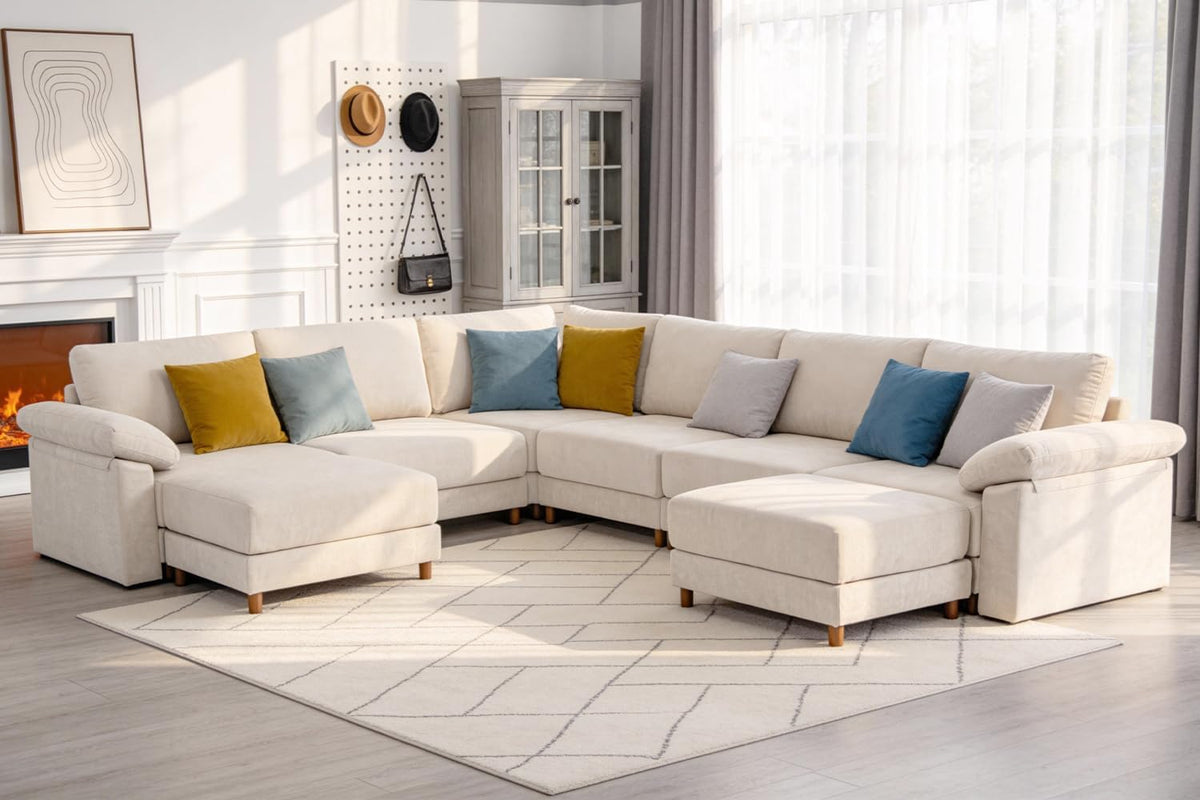 Oversized L Shaped Sectional Couch for Living Room, Extra Large Deep Seat Modular Sectional Sofa with Washable Covers, Modern Cloud Couch for Apartment, Bedroom, Beige