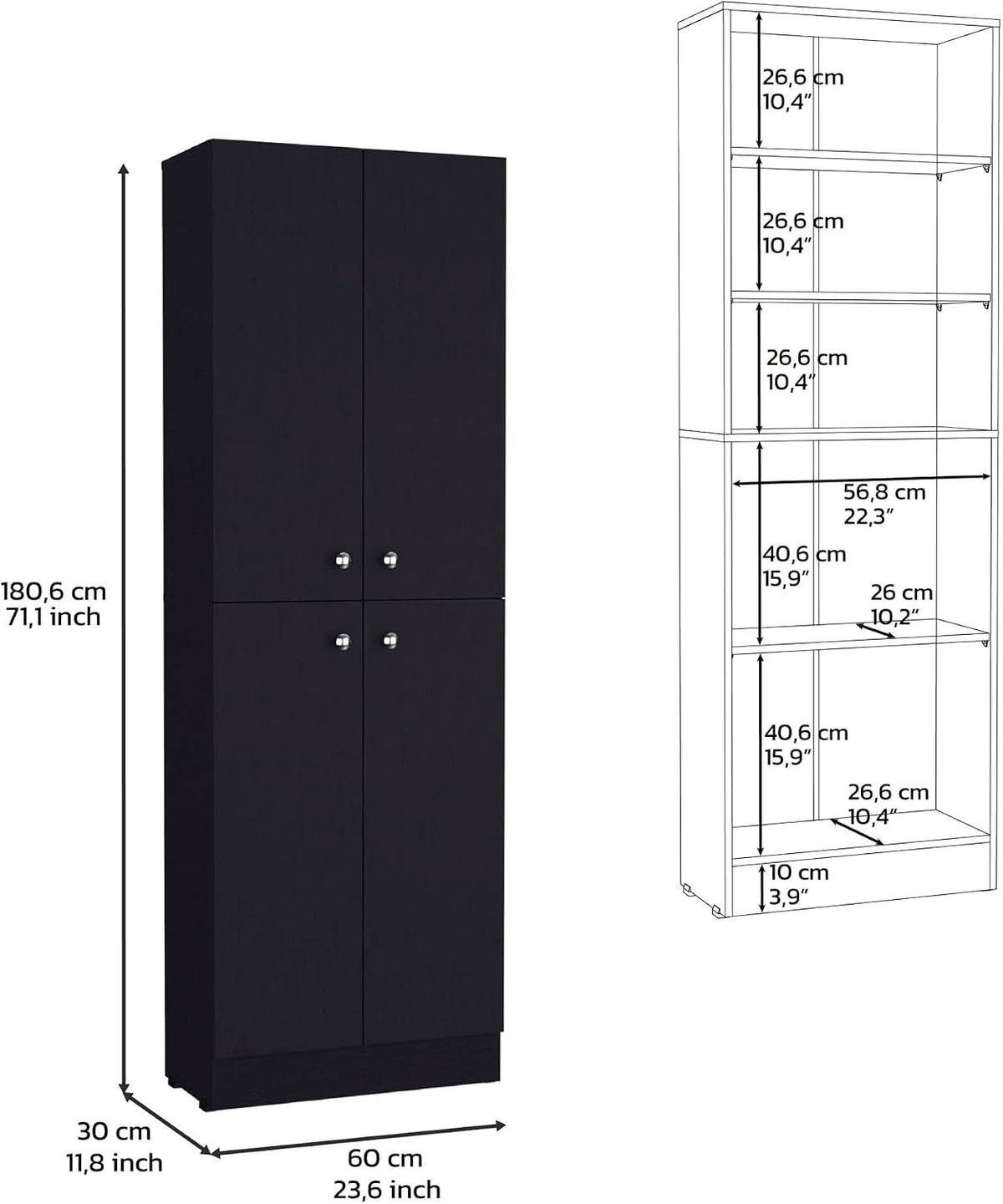 Kitchen Pantry 71" H, 4 Doors, 5 Adjustable Shelves, Laundry, Black