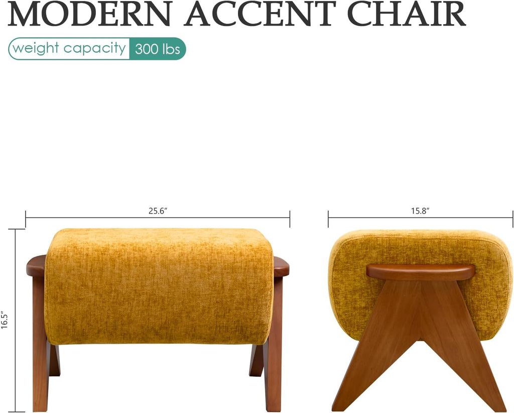 Linen Padded footstools Mid Century Modern Ottoman with Wood Frame, Lounge Upholstered Ottoman, Reading Chair, Sturdy Base, Suitable for Resting Your feet on a Lounge Chair Yellow