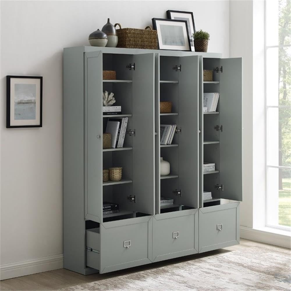Pemberly Row Modern Wood/Metal Pantry Closets, 74" H x 66" W x 12.5" D, Distressed Gray Finish, Set of 3 Modular Cabinets with Adjustable Shelves, Drawers, Hooks, Traditional or Farmhouse Style
