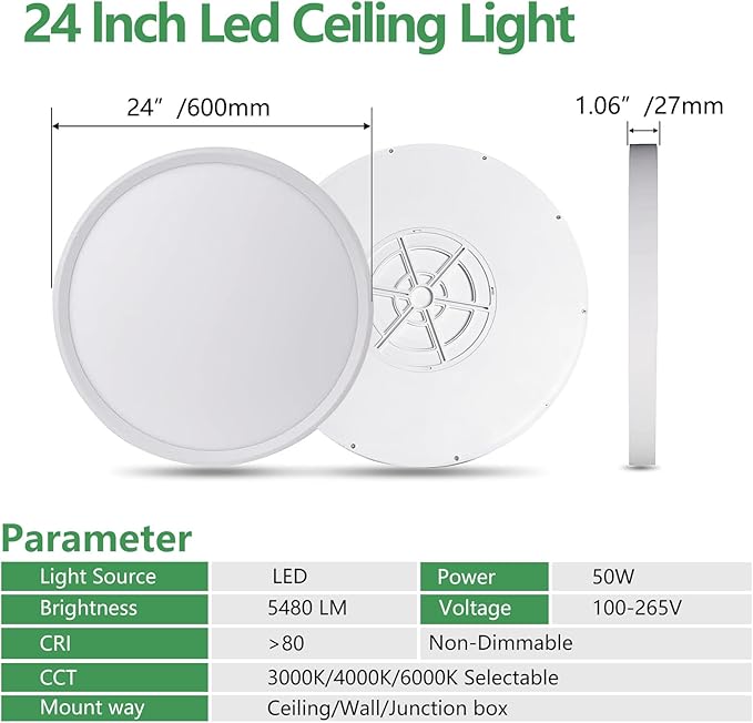 24 Inch Large LED Flush Mount Ceiling Light, 50W,5480LM, 3000K/4000K/6000K CCT Selectable,White Round Flat Panel Low Profile Ceiling Light Fixtures for Hallway, Kitchen, Bedroom, Laundry Room