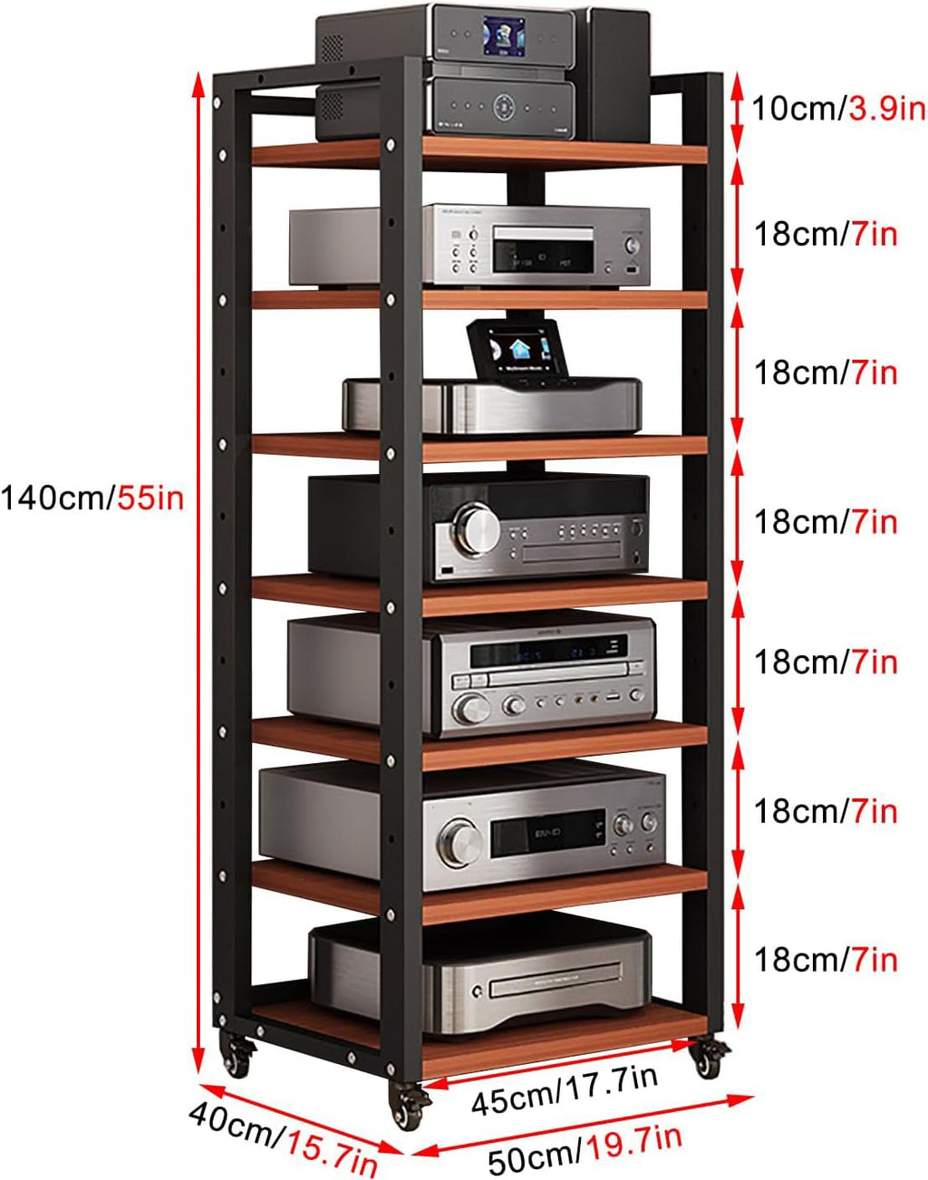 7-Tier Heavy Duty Audio Component Rack, 140cm Tall - Hifi Amplifier Rack | Audio-Video Shelving Adjustable - CD Record Player Stereo AV Receiver Equipment Cabinet Display Stand