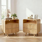 24" Curved Nightstand Set of 2,Night Stand with Charging Station & LED Light,Modern Fluted Bedside Table with 2 Drawers,Wooden End Table with Open Shelf for Bedroom,Natural
