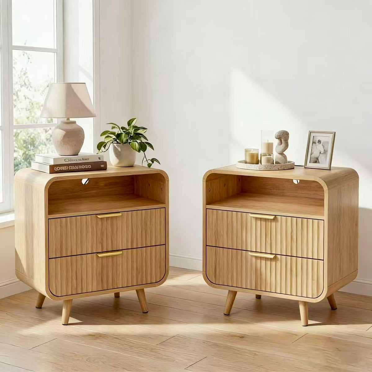 24" Curved Nightstand Set of 2,Night Stand with Charging Station & LED Light,Modern Fluted Bedside Table with 2 Drawers,Wooden End Table with Open Shelf for Bedroom,Natural