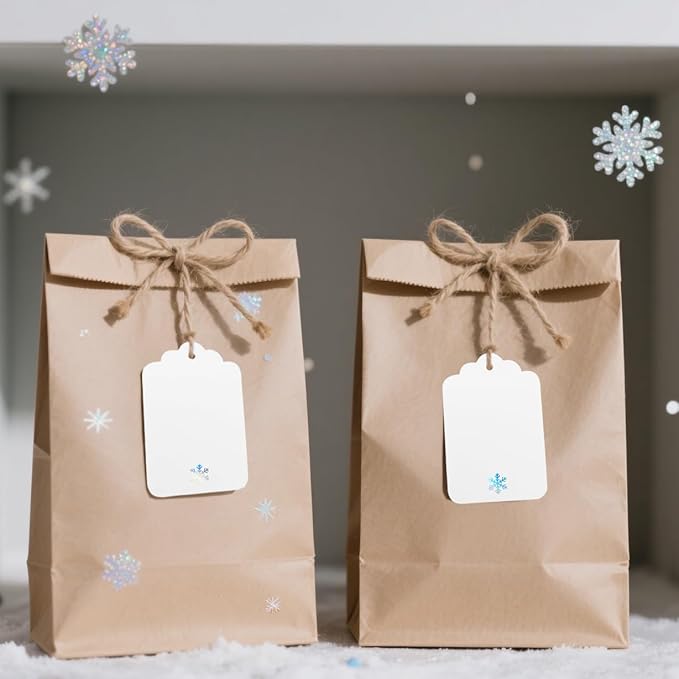 100Pcs Blank Gift Tags with String Iridescent Foil Snowflake Large Gift Tags White Paper with 65 Ft Jute Twine Cute Tags for Christmas Xmas Holiday Winter Wonderland Gift Wrap Tags