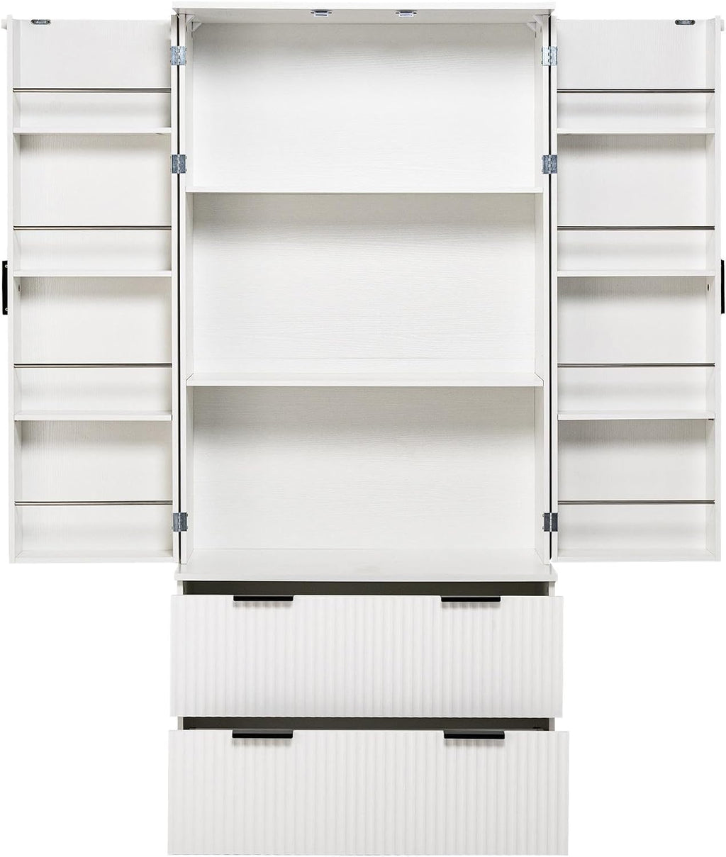 72" Modern Fluted Kitchen Pantry Cabinet, Freestanding Food Storage Cupboard with 2 Large Drawers & 8-Door Spice Rack,Storage Organizer for Kitchen, Bathroom, Dining Room,White