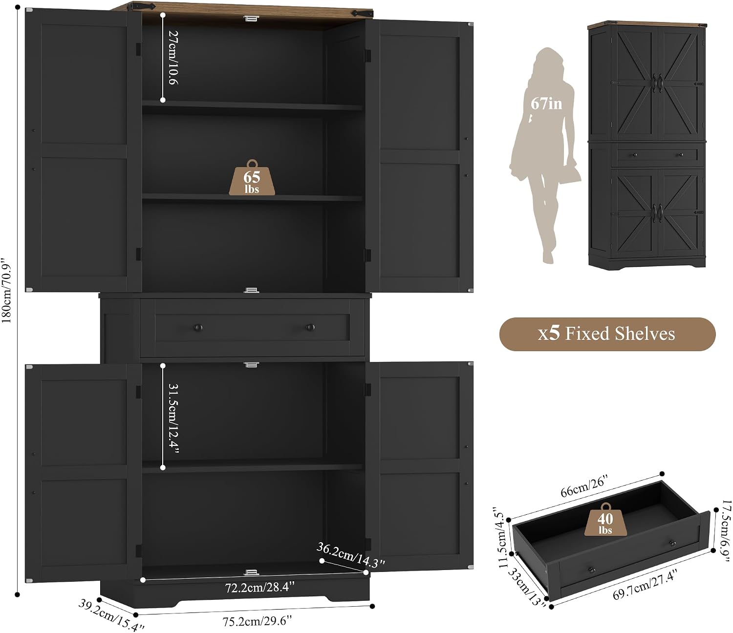 HOSTACK 71" Tall Pantry Cabinet, Farmhouse Kitchen Pantry with Storage Shelves, Barn Doors Food Storage Cabinet, Freestanding Kitchen Hutch with Large Drawer for Dining Room, Living Room, Black