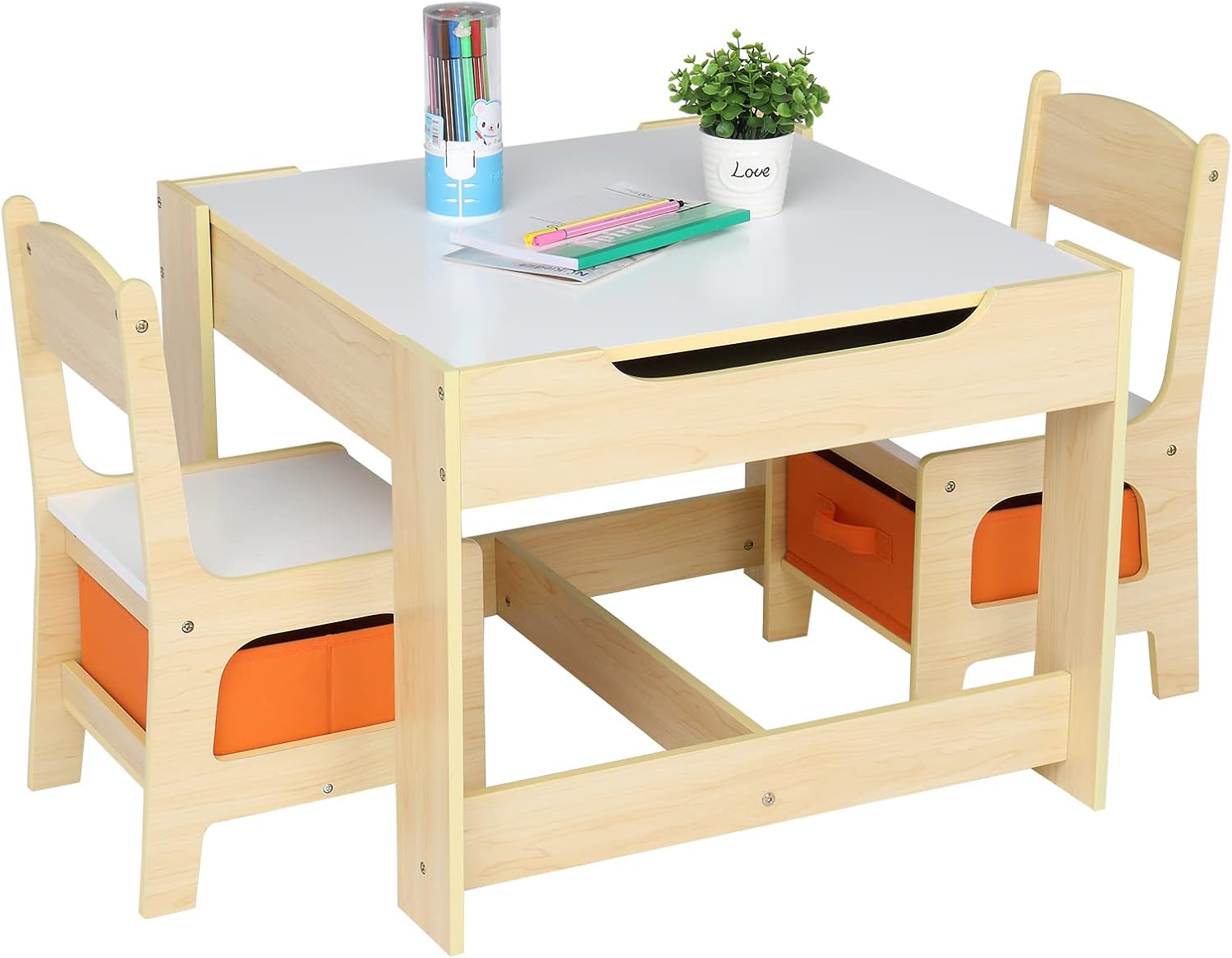 Bonnlo Kids Table and Chairs, Toddler Activity Table and Storage Drawer with a Detachable Tabletop for Kids Room, Nursery, Playroom, Natural