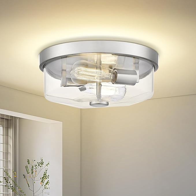 Brushed Nickel Flush Mount Ceiling Light, 2-Light Hallway Light Fixtures, Modern Farmhouse Farmhouse Ceiling Light Clear Glass for Kitchen Porch Entryway Indoor Outdoor